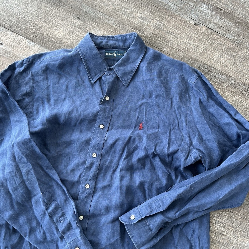 Polo Ralph Lauren 100% Linen Button Down Shirt Mens XL Blue Small Pony Preppy